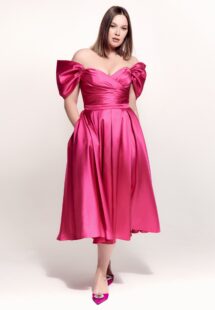 Style #740а, strapless A-line evening dress with off-the-shoulder straps and pleated skirt; available in midi or maxi length; in azalea, steel-dark blue, steel-pink or ivory