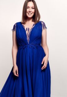 Style #741, chiffon evening gown with cap sleeves, plunging neck and floral decor; available in cornflower blue, dusty-turquoise, cherry, grey-blue, azure, black, peach, smoky, mint, berry, green, watermelon, light-green, scarlet, pink, sky-blue, ivory or white