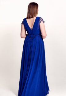 Style #741, chiffon evening gown with cap sleeves, plunging neck and floral decor; available in cornflower blue, dusty-turquoise, cherry, grey-blue, azure, black, peach, smoky, mint, berry, green, watermelon, light-green, scarlet, pink, sky-blue, ivory or white
