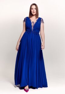 Style #741, chiffon evening gown with cap sleeves, plunging neck and floral decor; available in cornflower blue, dusty-turquoise, cherry, grey-blue, azure, black, peach, smoky, mint, berry, green, watermelon, light-green, scarlet, pink, sky-blue, ivory or white