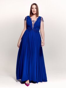 Style #741, chiffon evening gown with cap sleeves, plunging neck and floral decor; available in cornflower blue, cherry, blue, azure, black, peach, smoky, mint, berry, green, watermelon, light-green, scarlet, pink, ivory or white