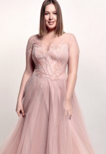 Style #743a, cap sleeve A-line evening gown with a floral top and tulle skirt, available in midi or maxi length; in powder pink, blue, cherry, purple, black, pink, watermelon, light-green or ivory