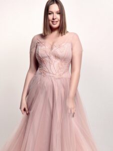Style #743a, cap sleeve A-line evening gown with a floral top and tulle skirt, available in midi or maxi length; in powder pink, blue, cherry, purple, black, pink, watermelon, light-green or ivory