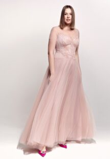 Style #743a, cap sleeve A-line evening gown with a floral top and tulle skirt, available in midi or maxi length; in powder pink, blue, cherry, purple, black, pink, watermelon, light-green or ivory