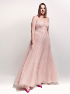 Style #743a, cap sleeve A-line evening gown with a floral top and tulle skirt, available in midi or maxi length; in powder pink, blue, cherry, purple, black, pink, watermelon, light-green or ivory
