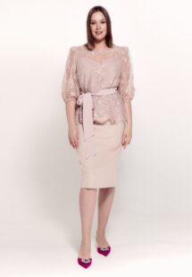 Style #744-2, two-piece evening set with 3/4 sleeve lace blouse and pencil skirt; available in powder pink, black or ivory
