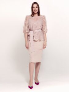 Style #744-2, two-piece evening set with 3/4 sleeve lace blouse and pencil skirt; available in powder pink, black or ivory