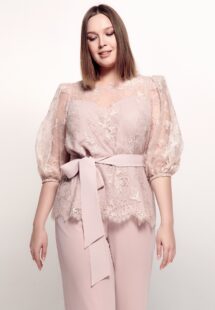 Style #744-4, two-piece evening set with 3/4 sleeve lace blouse and chiffon pants; available in powder pink, black or ivory