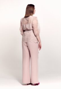 Style #744-4, two-piece evening set with 3/4 sleeve lace blouse and chiffon pants; available in powder pink, black or ivory