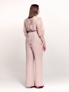 Style #744-4, two-piece evening set with 3/4 sleeve lace blouse and chiffon pants; available in powder pink, black or ivory