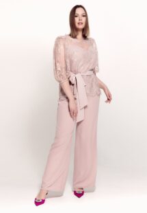 Style #744-4, two-piece evening set with 3/4 sleeve lace blouse and chiffon pants; available in powder pink, black or ivory