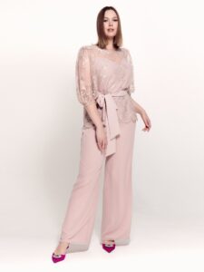 Style #744-4, two-piece evening set with 3/4 sleeve lace blouse and chiffon pants; available in powder pink, black or ivory