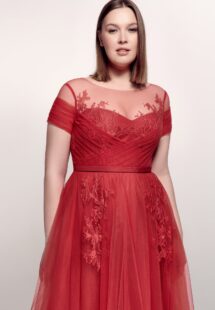 Style #746а, short sleeve A-line evening dress with illusion off-the-shoulder neckline, lace embroidery and tulle skirt; available in midi or maxi length; in cherry, powder pink, purple or black
