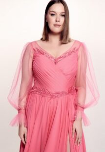 Style #747, sheath chiffon gown with tulle bishop sleeves, pleated bodice and lace decor; available in watermelon, purple, blue, cherry, powder pink, azure, pink, black or ivory