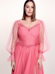 Style #747, sheath chiffon gown with tulle bishop sleeves, pleated bodice and lace decor; available in watermelon, purple, blue, cherry, powder pink, azure, pink, black or ivory