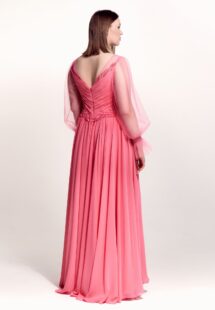 Style #747, sheath chiffon gown with tulle bishop sleeves, pleated bodice and lace decor; available in watermelon, purple, blue, cherry, powder pink, azure, pink, black or ivory