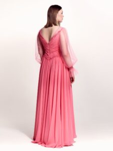 Style #747, sheath chiffon gown with tulle bishop sleeves, pleated bodice and lace decor; available in watermelon, purple, blue, cherry, powder pink, azure, pink, black or ivory