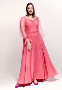 Style #747, sheath chiffon gown with tulle bishop sleeves, pleated bodice and lace decor; available in watermelon, purple, blue, cherry, powder pink, azure, pink, black or ivory
