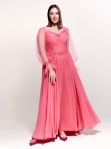 Style #747, sheath chiffon gown with tulle bishop sleeves, pleated bodice and lace decor; available in watermelon, purple, blue, cherry, powder pink, azure, pink, black or ivory