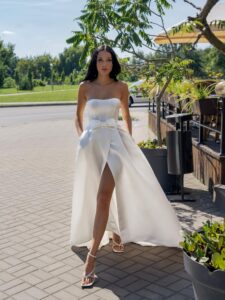 Satin A-line wedding dress with a slit and pockets