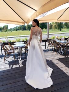 Satin A-line wedding dress with detachable lace blouse