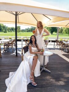 Satin A-line wedding dress with detachable lace blouse