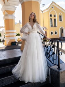 Tulle A-line wedding dress with V-neck and sleeves