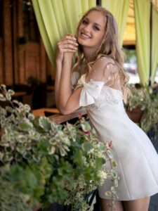 Short Mikado wedding dress with 3D flowers and bows