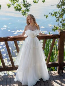 Organza A-line wedding dress with tiered skirt and ruffles