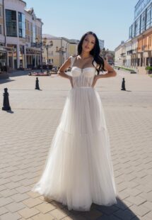 Style #15017, A-line wedding dress with bustier style corset and tiered skirt; available in ivory