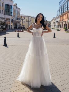 A-line wedding dress with bustier style corset and tiered skirt