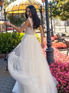 A-line wedding dress with bustier style corset and tiered skirt