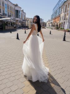 A-line wedding dress with bustier style corset and tiered skirt