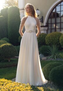 Style #15018, halter neck chiffon wedding gown with long pleated sleeves; available in ivory