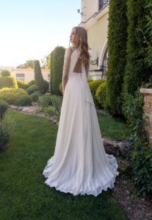 Style #15018, halter neck chiffon wedding gown with long pleated sleeves; available in ivory