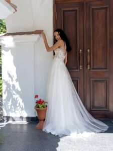 A-line wedding dress with illusion sweetheart neckline and lace embroidery