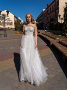A-line wedding dress with illusion neckline lace bodice and tulle skirt