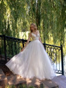 V-neck A-line wedding dress with an open back