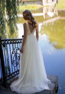 Style #15026, V-neck A-line wedding dress with an open back; available in ivory