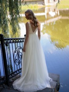 V-neck A-line wedding dress with an open back