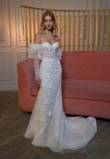 Style #2401L, strapless fit and flare wedding dress with long off-the-shoulder sleeves; available in ivory