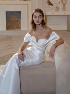 Mikado fitted wedding dress with off-the-shoulder straps