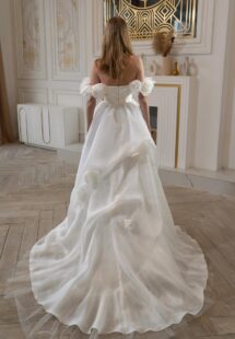 Style #2404L, organza A-line wedding dress with 3D flowers; available in ivory