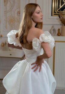 Style #2404L, organza A-line wedding dress with 3D flowers; available in ivory