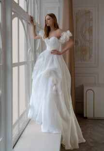 Style #2404L, organza A-line wedding dress with 3D flowers; available in ivory