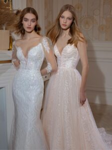 Beaded fit and flare wedding dress with long sleeves; Sequinned A-line wedding dress with spaghetti straps