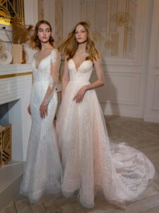 Beaded fit and flare wedding dress with long sleeves; Sequinned A-line wedding dress with spaghetti straps