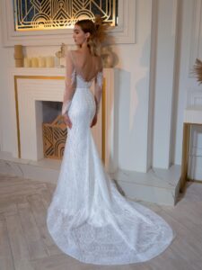 Beaded fit and flare wedding dress with long sleeves