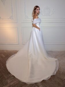 Organza off-the-shoulder A-line wedding dress with a slit