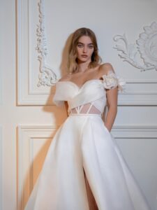 Organza off-the-shoulder A-line wedding dress with a slit